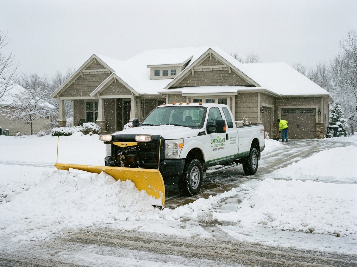Truck plowing snow from a residential driveway